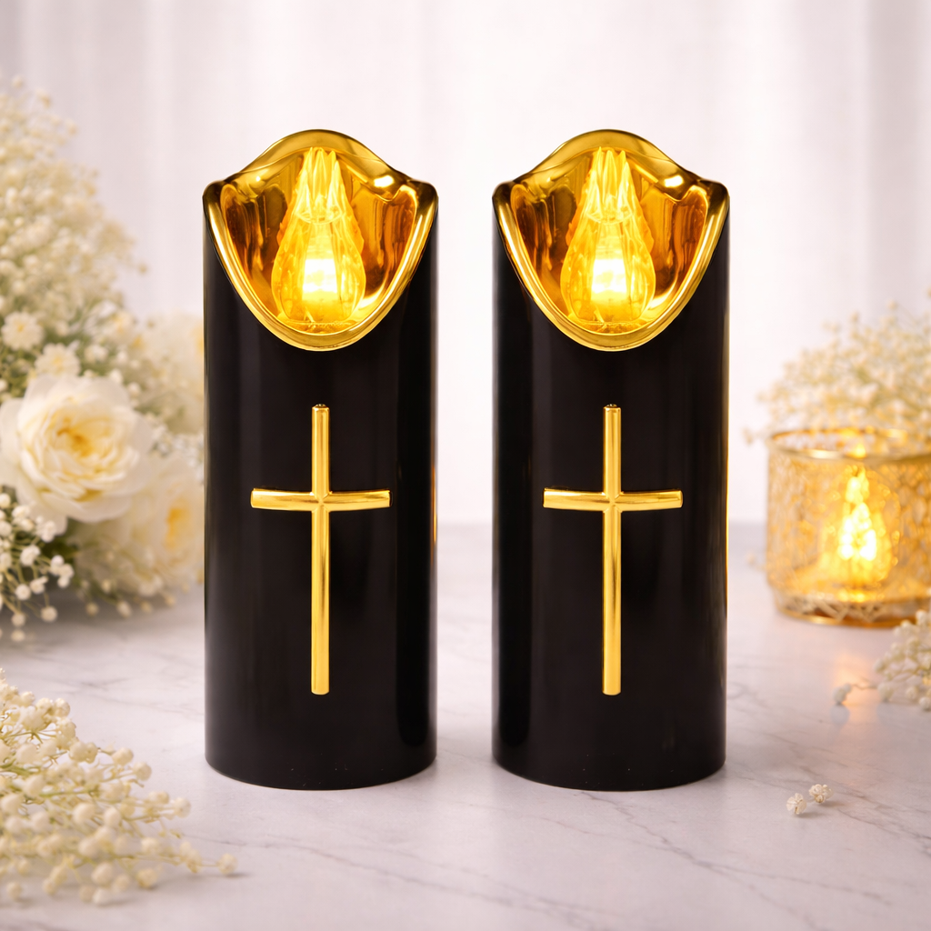 2 Pcs Flameless Pillar LED Candle with Gold Cross