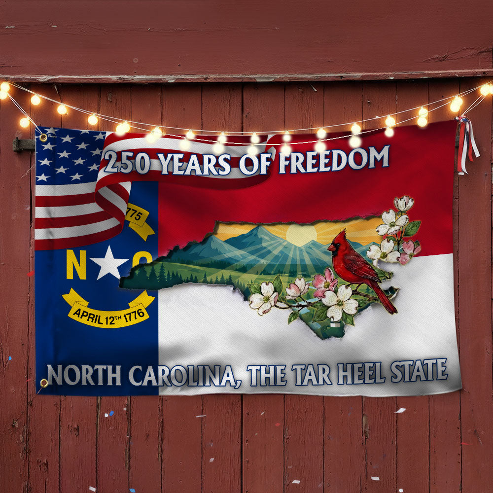 NC Patriotic Grommet Flag, 250 Years North Carolina Tar Heel State Cardinal Dogwood Flower Decor