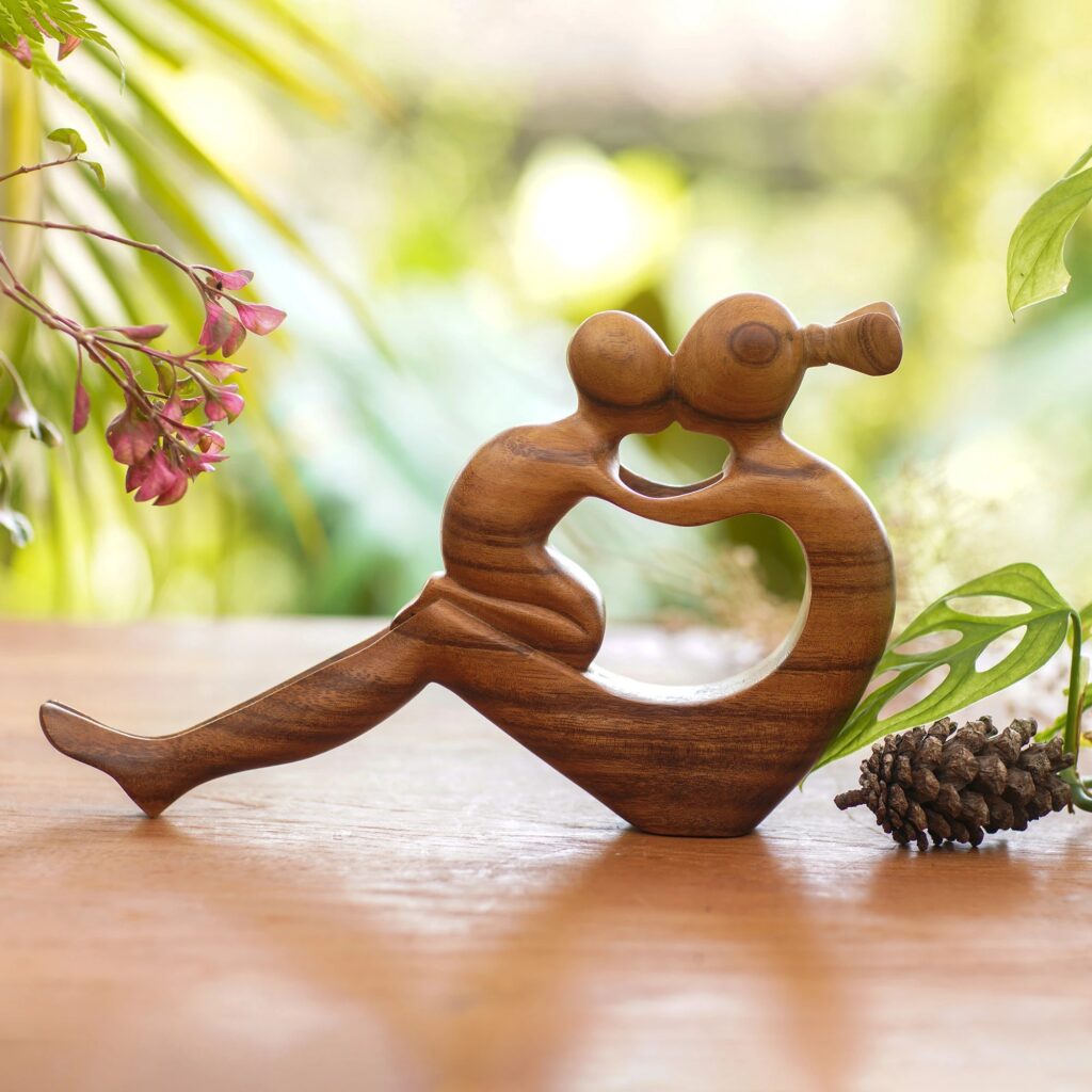 Handcrafted Mother and Child Wood Sculpture, "Her Love Will Never End"