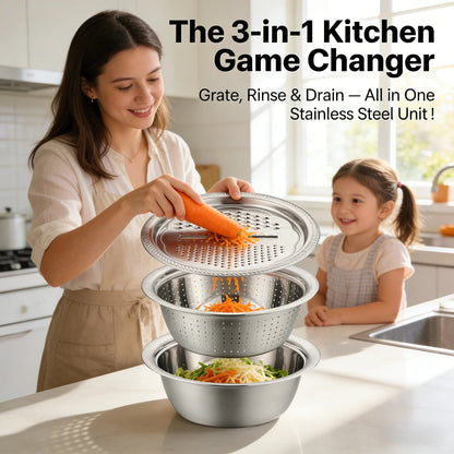🍴 3-in-1 German-Design Grater Bowl - Grage, Slice, Rinse & Drain
