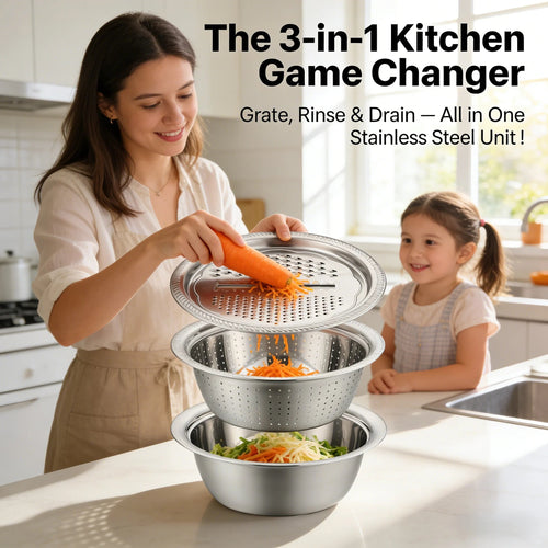 🍴 3-in-1 German-Design Grater Bowl - Grage, Slice, Rinse & Drain