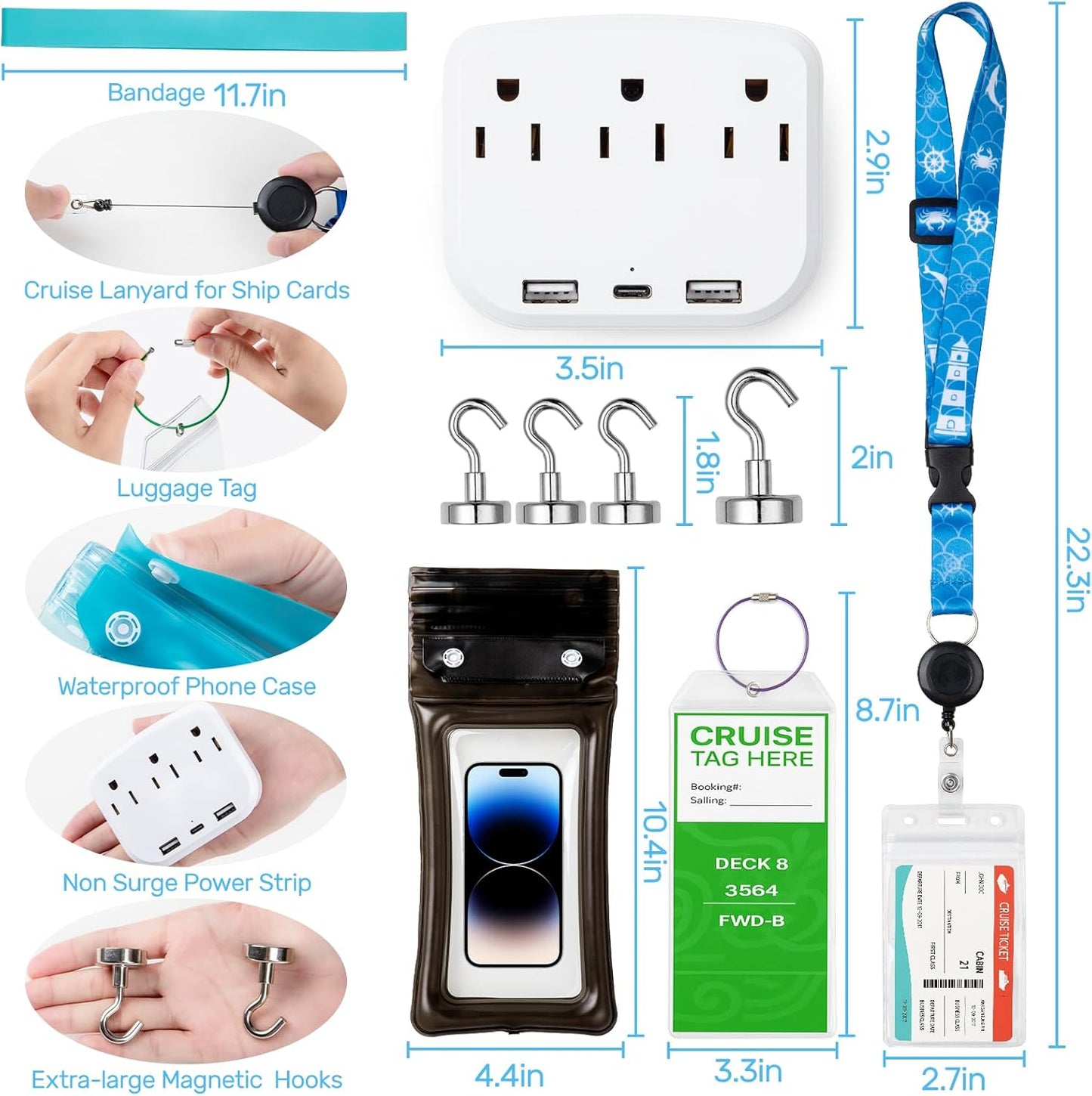 Cruise Essentials 2026- Cruise Must Haves Kit with Non-Surge Protector Power Strip, Lanyard with ID Holder, Magnetic Hooks, Luggage Tag Set, Towel Bands, Waterproof Phone Holder