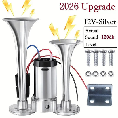 🔥LAST DAY 49% OFF - 🚗🔧2026 Upgraded 12V Dual Air Horn Kit – 130DB Super Loud Dual Horn with Compressor for Cars, Trucks, SUVs, Boats & More(✨Includes installation manual and video guide)