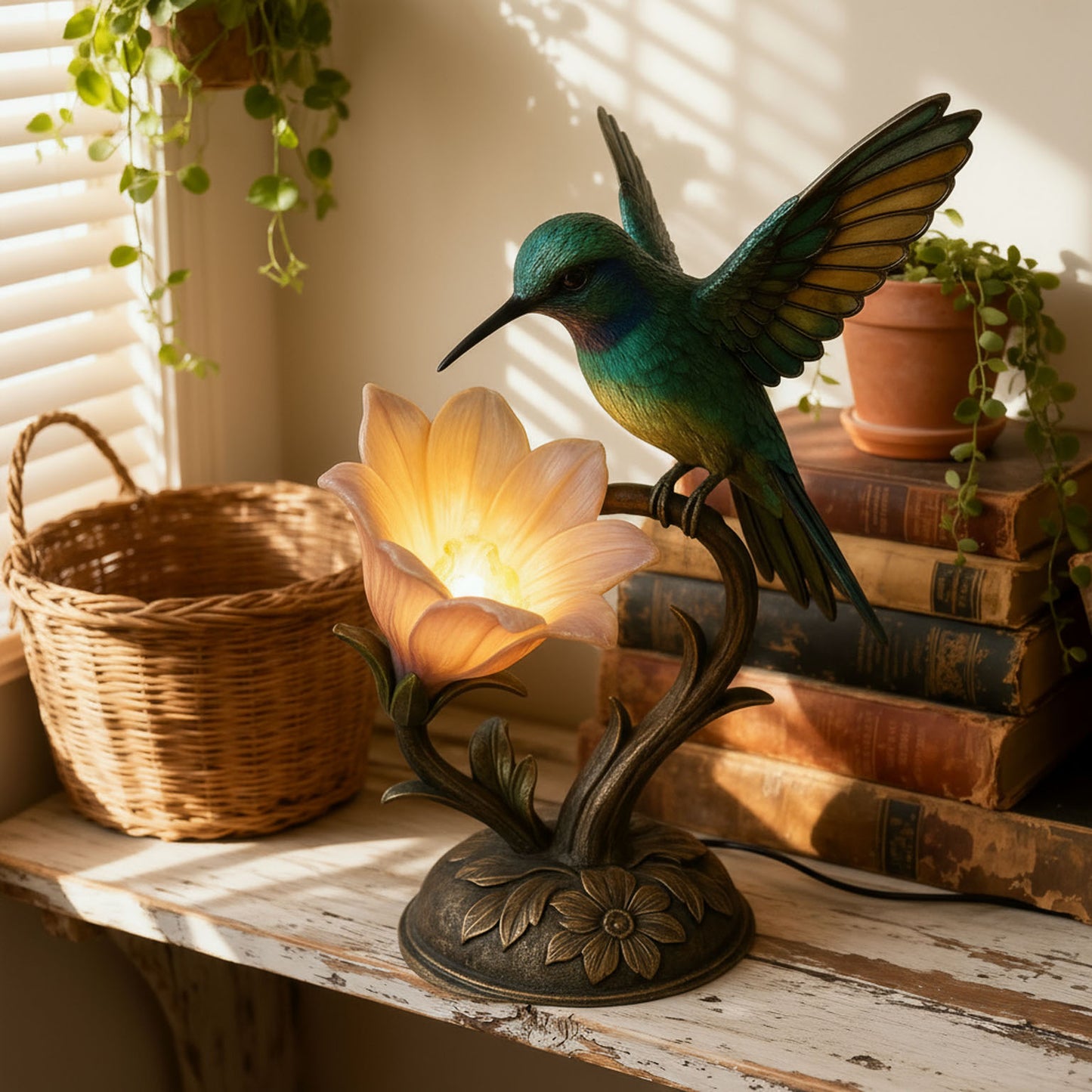 “Messenger of Light” – 💚Handcrafted Hummingbird Flower Lamp✨(𝐋𝐮𝐜𝐚𝐬 𝐇𝐚𝐥𝐞 𝐇𝐚𝐧𝐝𝐦𝐚𝐝𝐞®)