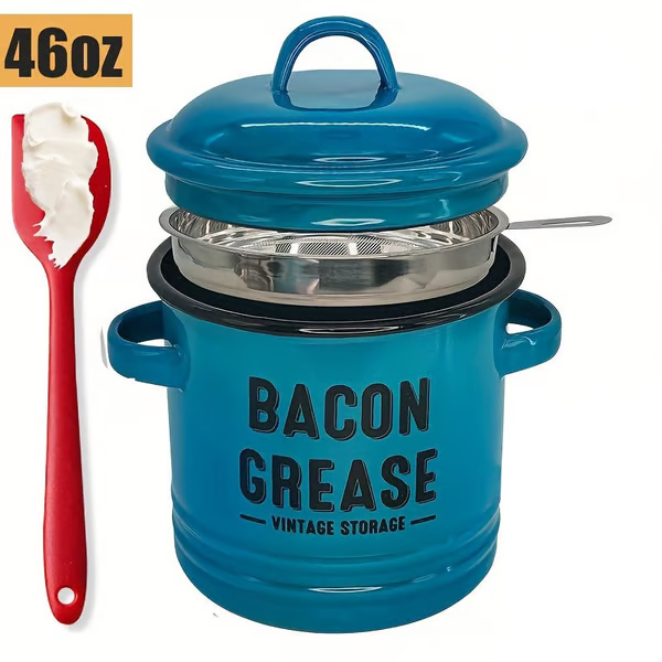 Top Christmas Gift 2025 🎅-46 oz bacon grease container with strainer and food-grade silicone spatula