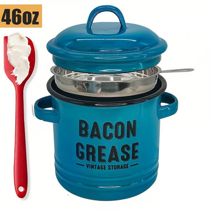 Top Christmas Gift 2025 🎅-46 oz bacon grease container with strainer and food-grade silicone spatula