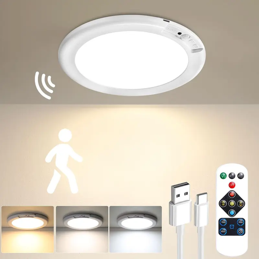 Rechargeable ceiling light with motion sensor, rechargeable ceiling light with remote control - magnetic wireless battery - powered ceiling light for stairs, showers, closets, patios, foyers, porches, etc.