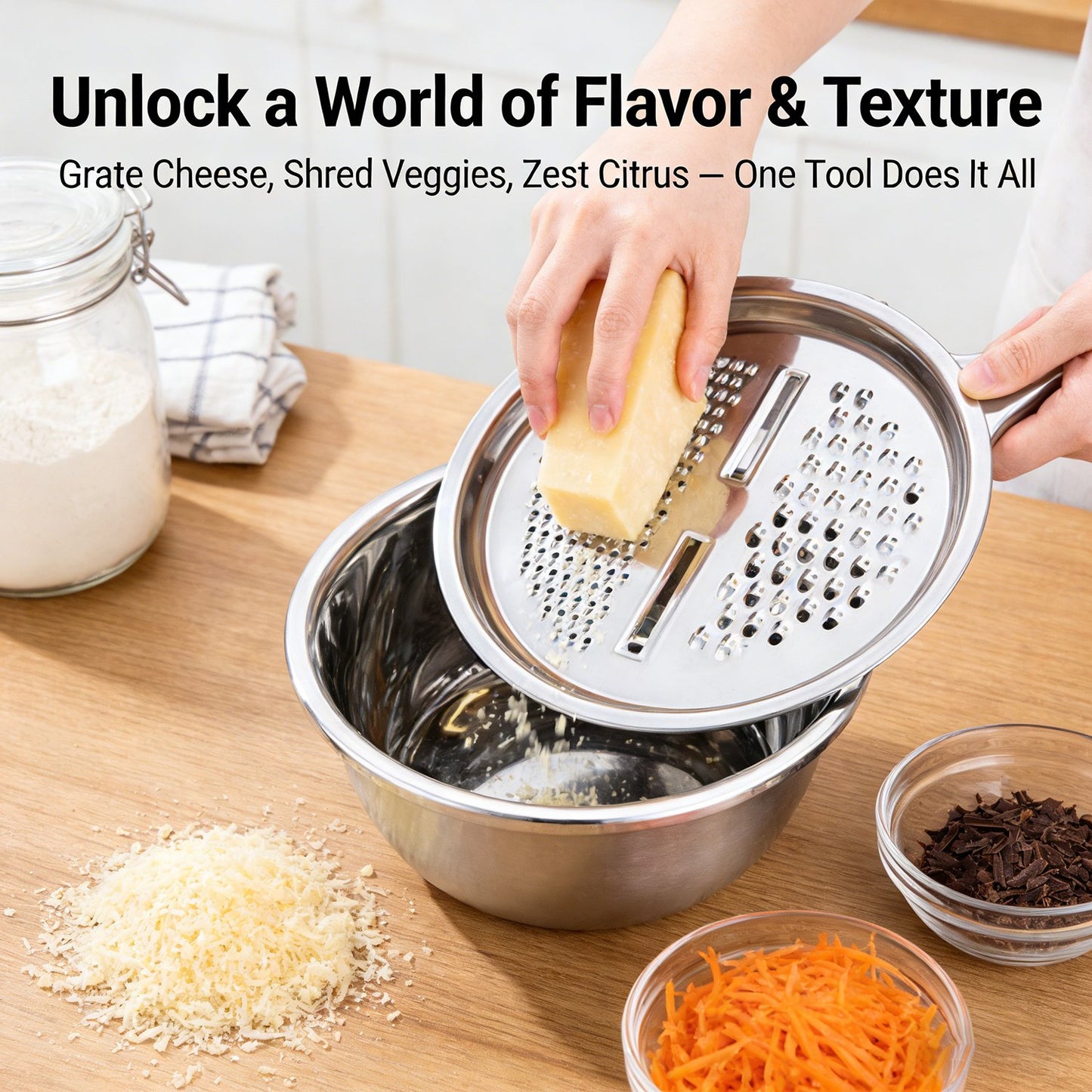 🍴 3-in-1 German-Design Grater Bowl - Grage, Slice, Rinse & Drain