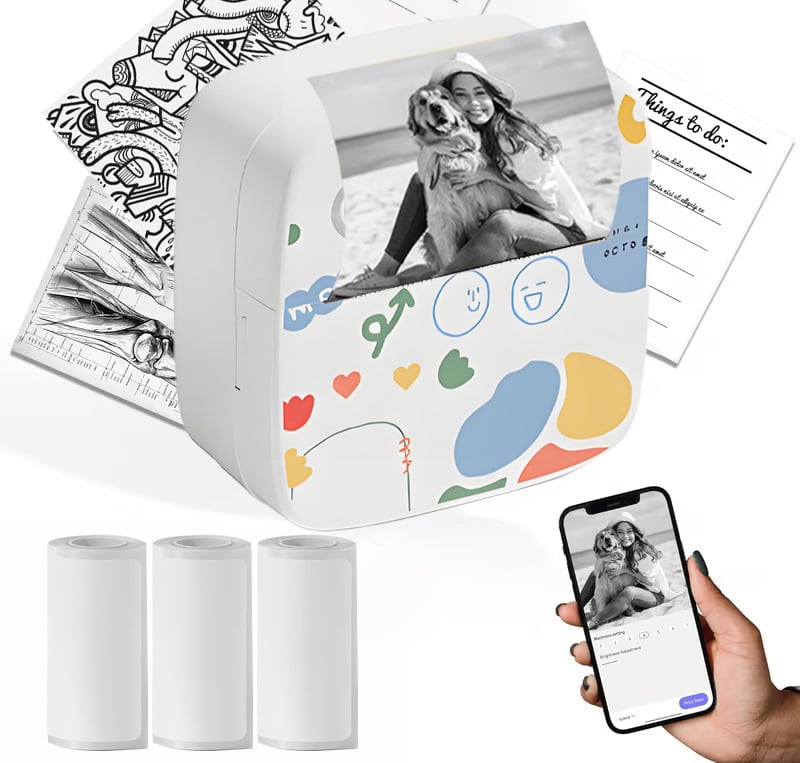 Top Christmas Gift 2025 🎅 XenGro Mini Portable Sticker Printer, Mini Thermal Printer with 3 Rolls Paper, Bluetooth Inkless Printpods, Pocket Label Maker Suitable for Creative Kids
