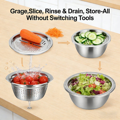 🍴 3-in-1 German-Design Grater Bowl - Grage, Slice, Rinse & Drain