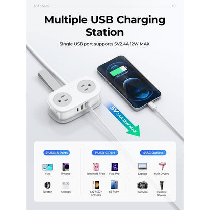 🔌Travel Power Strip, ORICO 4 Outlets 2 USB Ports (1 USB C) with 4FT Wrapped Short Extension Cord Small Power Strip