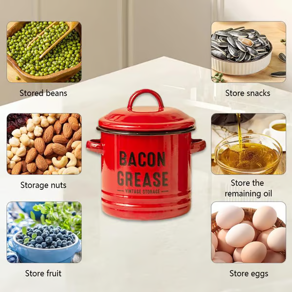 Top Christmas Gift 2025 🎅-46 oz bacon grease container with strainer and food-grade silicone spatula