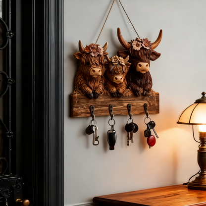 🐮 Rustic Highland Cow Wooden Family Key Holder Hanging Ornament with 4 Hooks