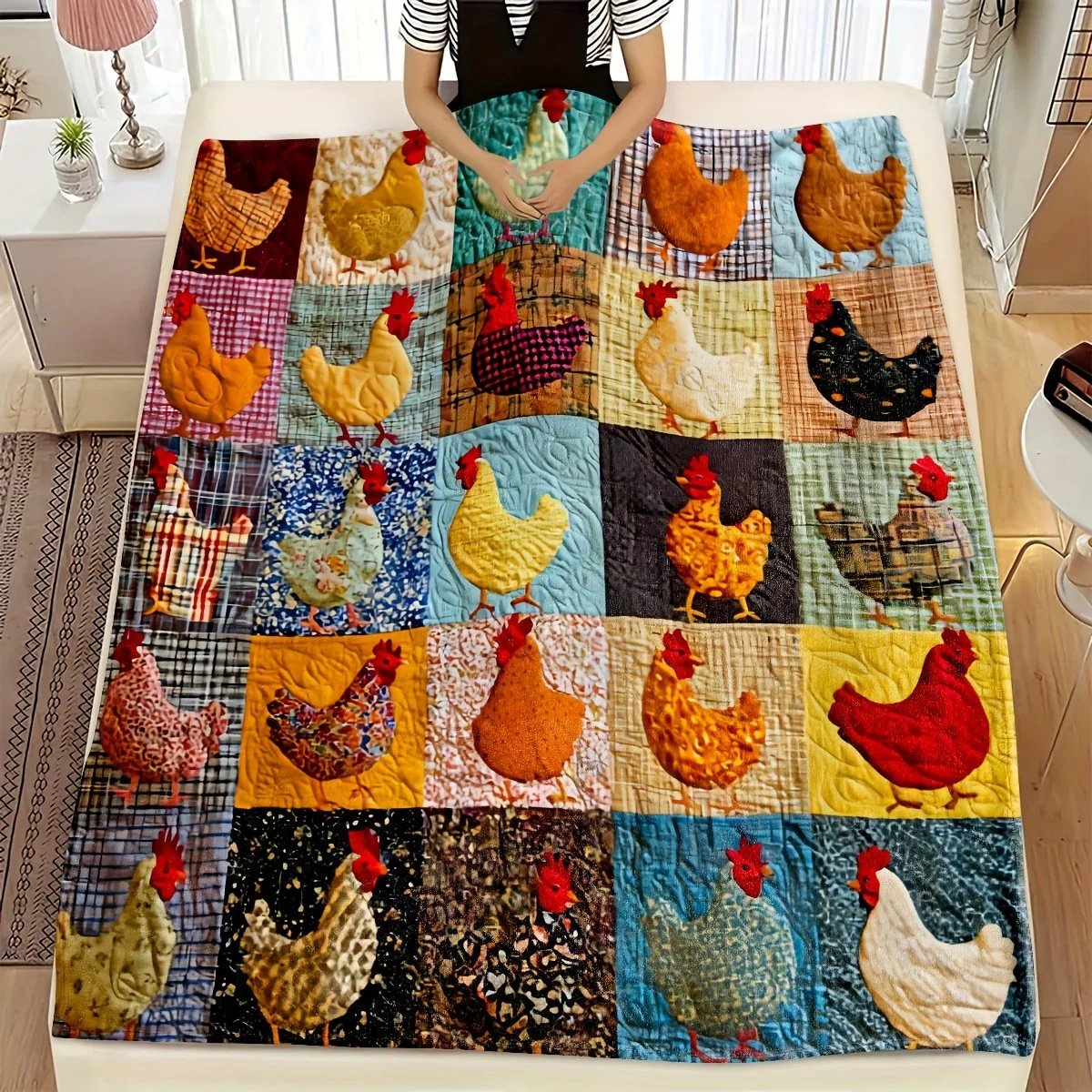 💥🌲🎁Vintage Chicken Print Flannel Blanket🐔