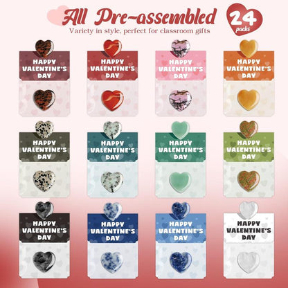 Valentine's Day Gem Gifts for Kids & Adults – 24-Pack Prefilled Cards with Heart-Shaped Gemstones