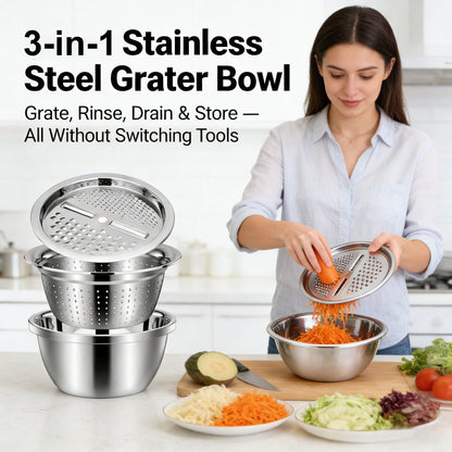 🍴 3-in-1 German-Design Grater Bowl - Grage, Slice, Rinse & Drain