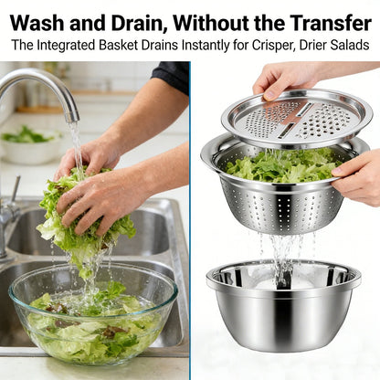 🍴 3-in-1 German-Design Grater Bowl - Grage, Slice, Rinse & Drain