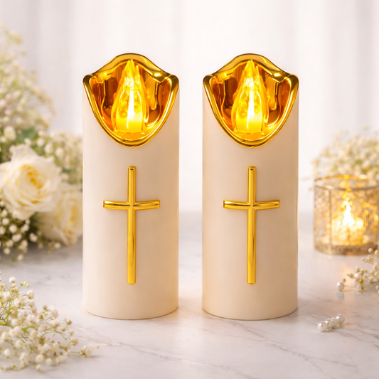 2 Pcs Flameless Pillar LED Candle with Gold Cross
