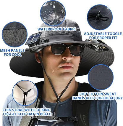 ⚡ Solar Powered Fan Sun Hat | 🛡️ UPF 50+ UV Protection Wide Brim Cooling Cap | 🔋 USB Rechargeable & Breathable for Fishing 🎣, Hiking ⛰️ & Gardening 🌻