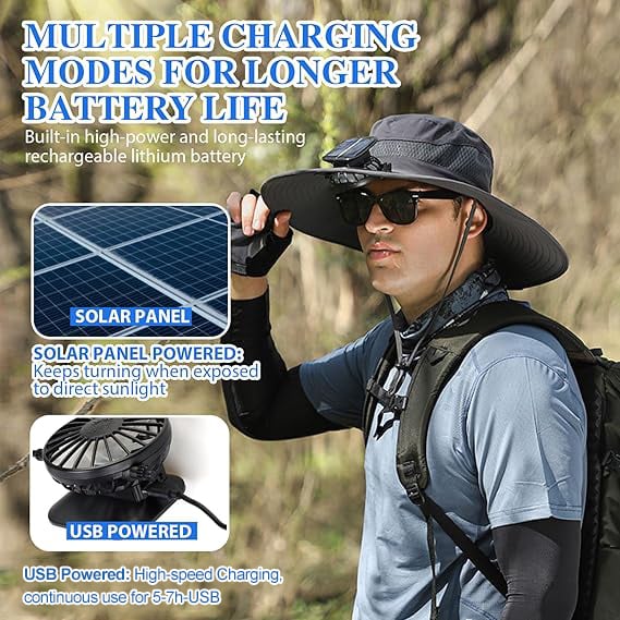 ⚡ Solar Powered Fan Sun Hat | 🛡️ UPF 50+ UV Protection Wide Brim Cooling Cap | 🔋 USB Rechargeable & Breathable for Fishing 🎣, Hiking ⛰️ & Gardening 🌻