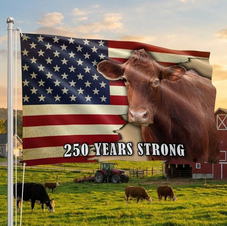 250 Years Strong Cow American Grommet Flag for Farmhouse Patriotic Decor