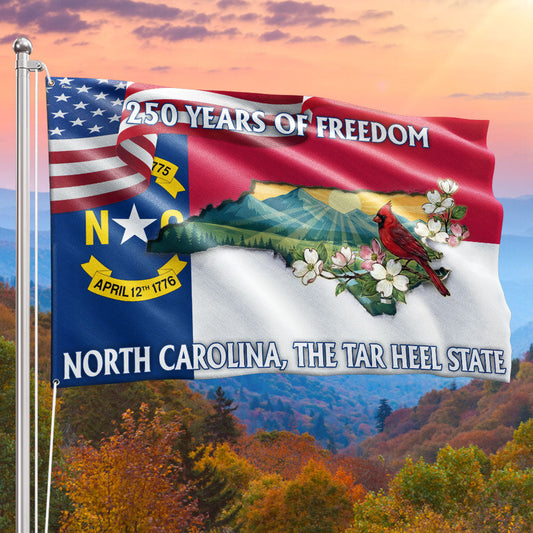 NC Patriotic Grommet Flag, 250 Years North Carolina Tar Heel State Cardinal Dogwood Flower Decor