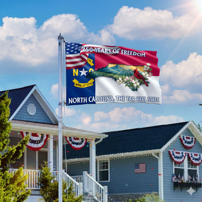 NC Patriotic Grommet Flag, 250 Years North Carolina Tar Heel State Cardinal Dogwood Flower Decor