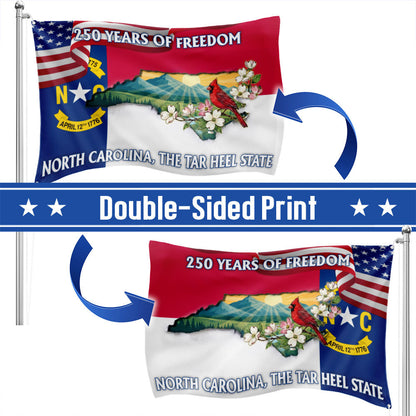 NC Patriotic Grommet Flag, 250 Years North Carolina Tar Heel State Cardinal Dogwood Flower Decor