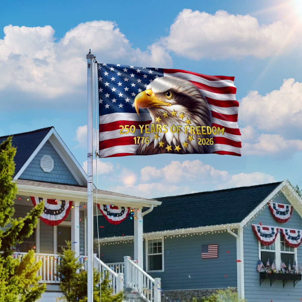 250 Years of Freedom American Flag, Patriotic Bald Eagle 1776 2026 Grommet Flag