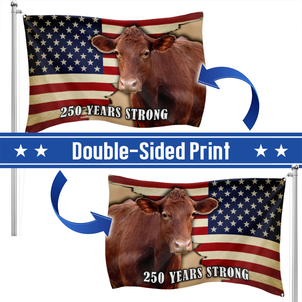 250 Years Strong Cow American Grommet Flag for Farmhouse Patriotic Decor