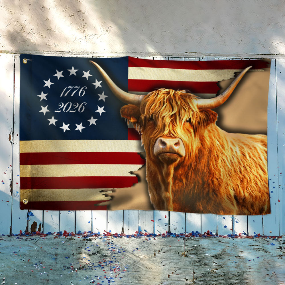 250 Years Strong Highland Cow American Grommet Flag for Farmhouse Patriotic Decor