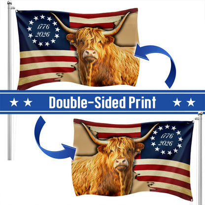 250 Years Strong Highland Cow American Grommet Flag for Farmhouse Patriotic Decor