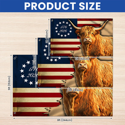 250 Years Strong Highland Cow American Grommet Flag for Farmhouse Patriotic Decor