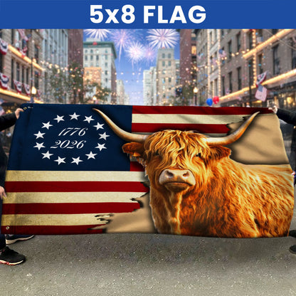 250 Years Strong Highland Cow American Grommet Flag for Farmhouse Patriotic Decor