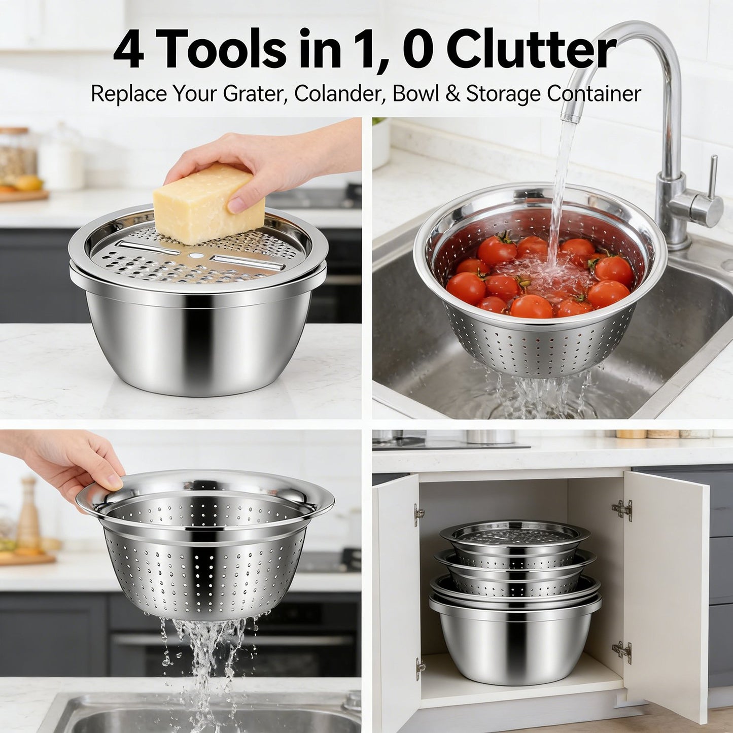 🍴 3-in-1 German-Design Grater Bowl - Grage, Slice, Rinse & Drain
