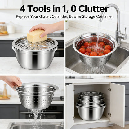 🍴 3-in-1 German-Design Grater Bowl - Grage, Slice, Rinse & Drain