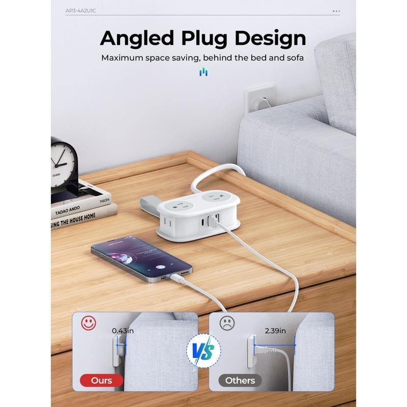 🔌Travel Power Strip, ORICO 4 Outlets 2 USB Ports (1 USB C) with 4FT Wrapped Short Extension Cord Small Power Strip