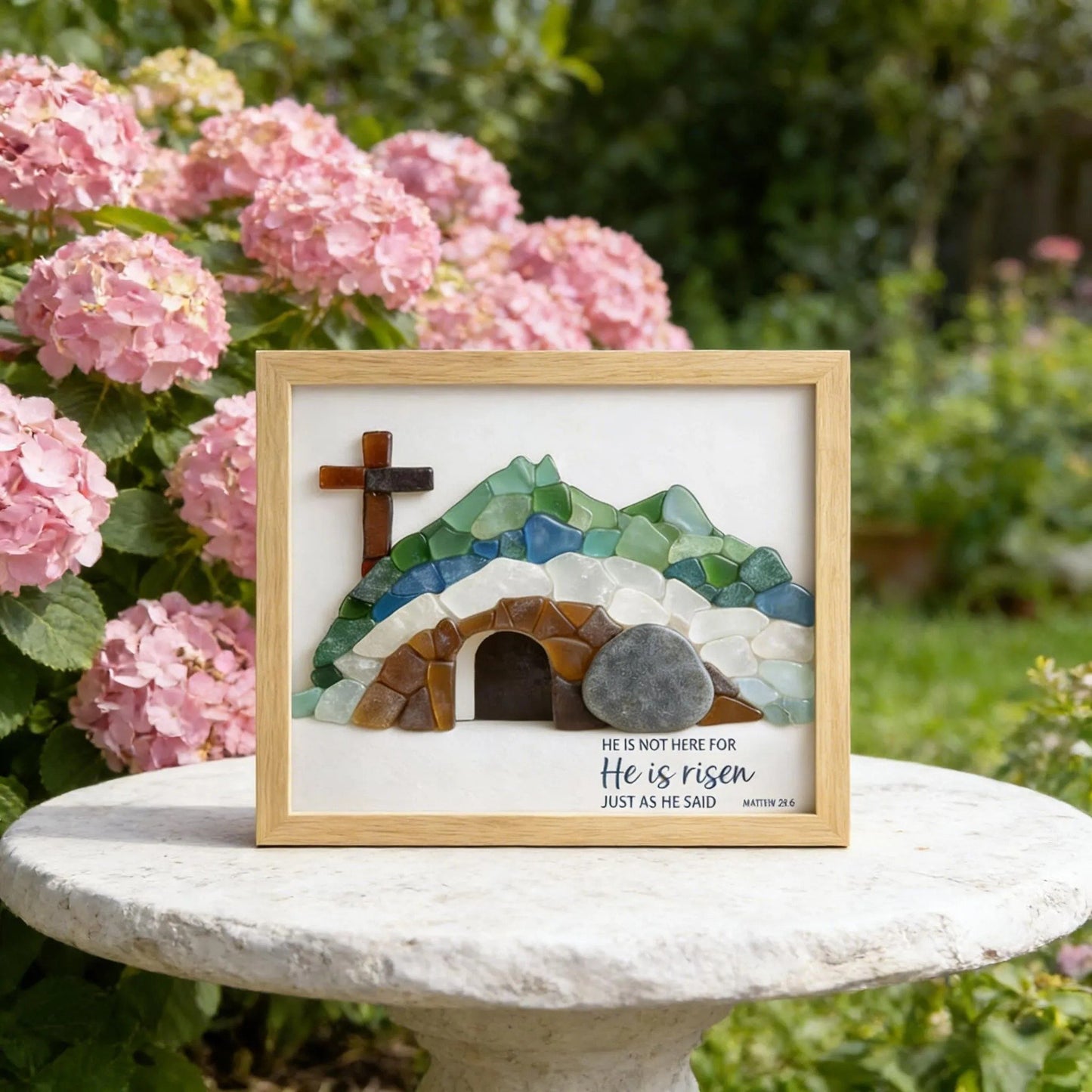✝️🌊 Sea Glass Empty Tomb Resurrection Wall Art – He Is Risen! ✨Shaped by Nature & Crafted by Hand!