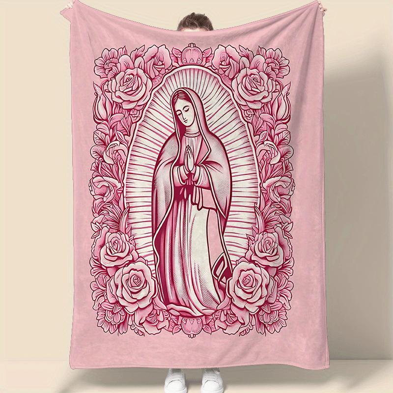 ✝️Comfortable Pink Virgin Mary Blanket - 🌸Made of ultra-soft velvet and decorated with a floral pattern, it's the perfect gift for a daughter, mother, or grandma🎁
