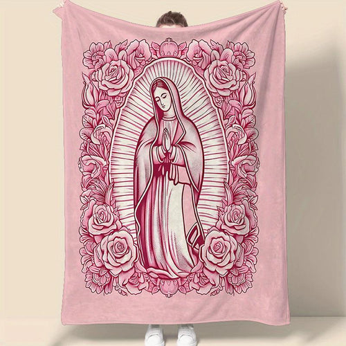 ✝️Comfortable Pink Virgin Mary Blanket - 🌸Made of ultra-soft velvet and decorated with a floral pattern, it's the perfect gift for a daughter, mother, or grandma🎁