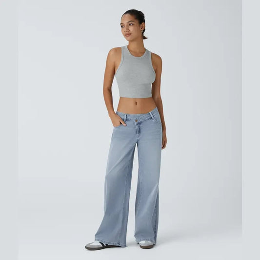 🔥Asymmetric Low Rise Zipper Pockets Baggy Wide Leg Washed Casual Jeans