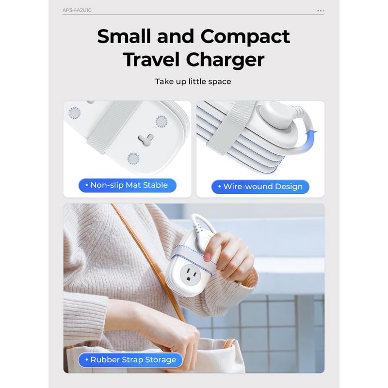 🔌Travel Power Strip, ORICO 4 Outlets 2 USB Ports (1 USB C) with 4FT Wrapped Short Extension Cord Small Power Strip
