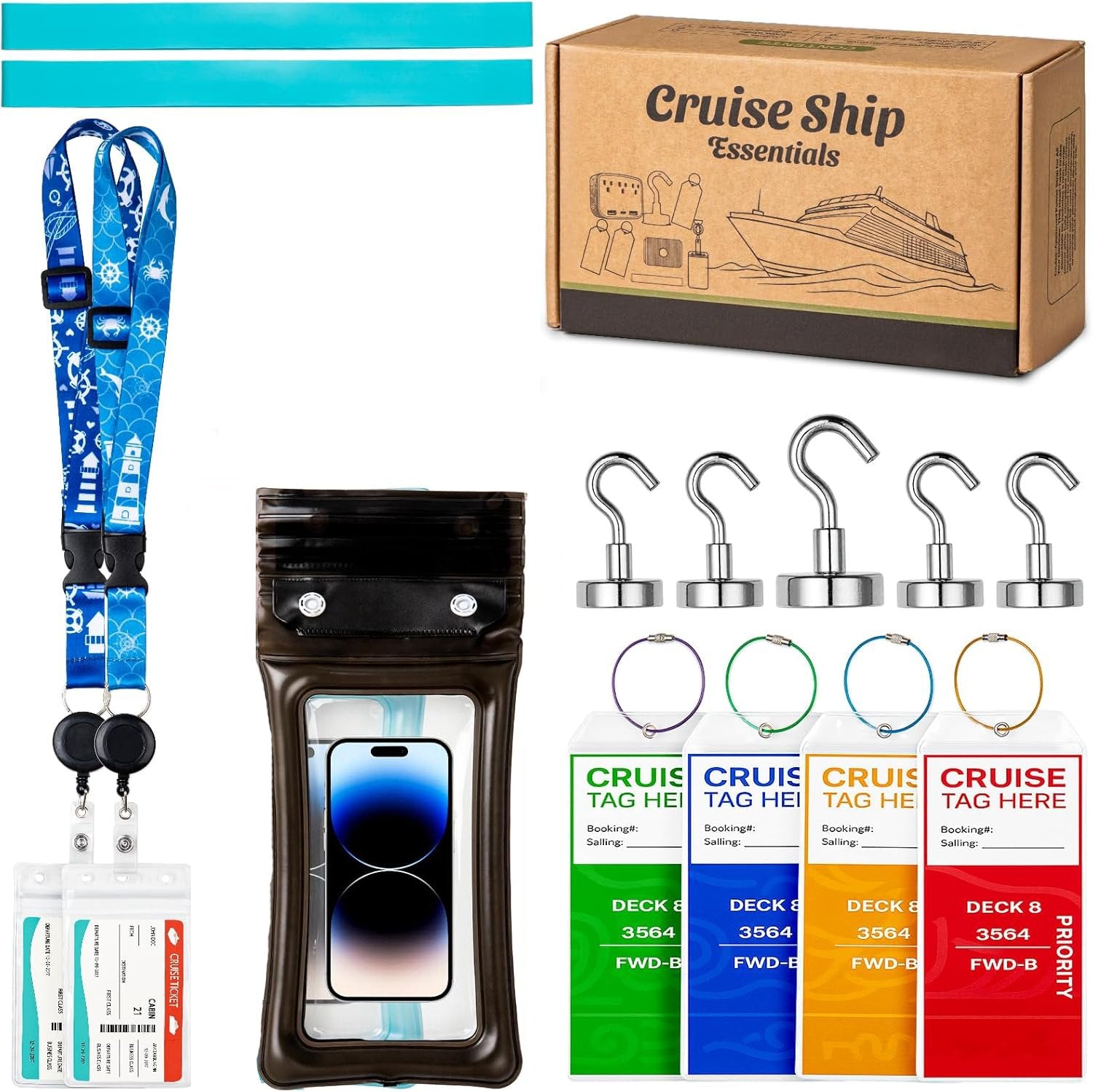 Basic Edition(2 Lanyard with ID Holder+5 Magnetic Hooks+4 Luggage Tag Set+2 Towel Bands+2 Waterproof Phone Holder )